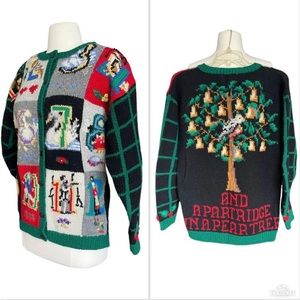 VTG Wool 12 Days of Christmas Holiday Sweater Partridge Pear Tree Eagles Eye med